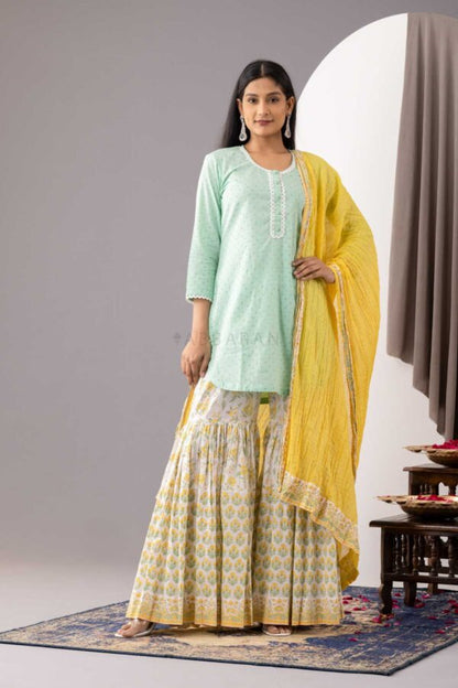 PHAGUN MINT GREEN BLOCK PRINTED COTTON CAMBRIC KURTA WITH SALWAR SET OF 3