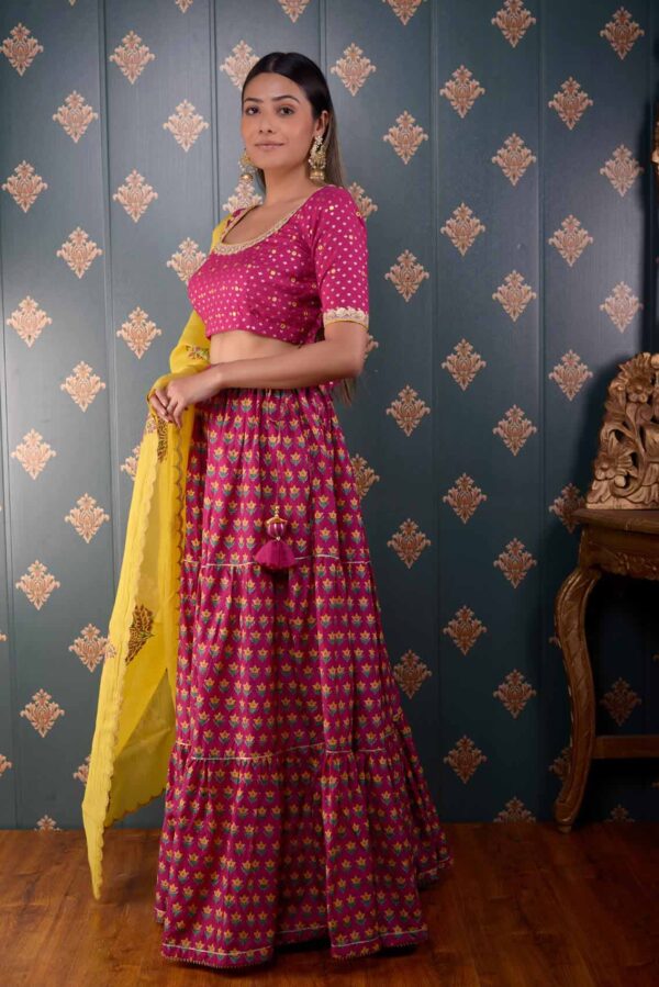 Jashan Megenta Block Printed Cotton Silk Lehenga Set