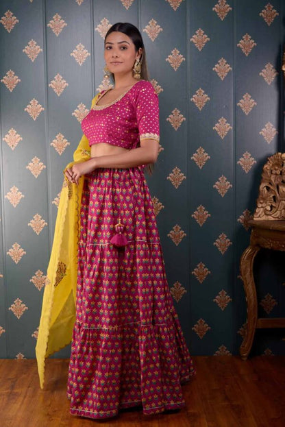 Jashan Megenta Block Printed Cotton Silk Lehenga Set