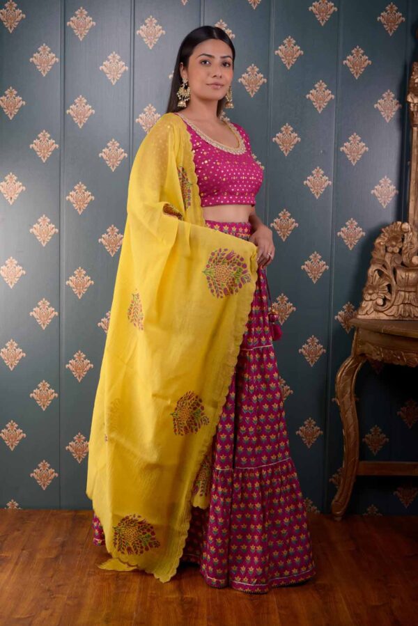 Jashan Megenta Block Printed Cotton Silk Lehenga Set