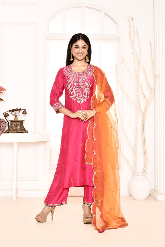 Utsav Rani Ari Embroidered Straight  Kurta And Plazzo With Orange Scalping Dupatta Set Of 3