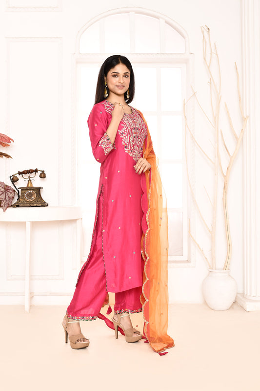 Utsav Rani Ari Embroidered Straight  Kurta And Plazzo With Orange Scalping Dupatta Set Of 3