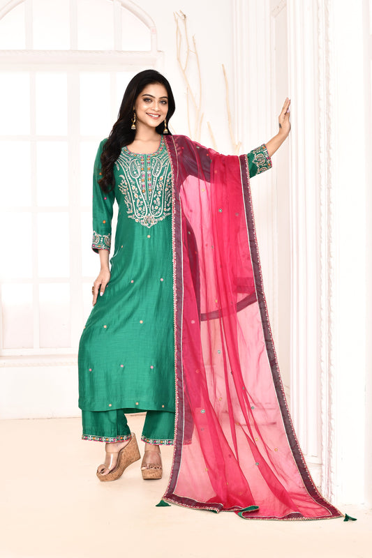 Utsav Emerald Green Ari Embroidered Straight Kurta And Plazzo With Rani Embroidered Dupatta Set Of 3