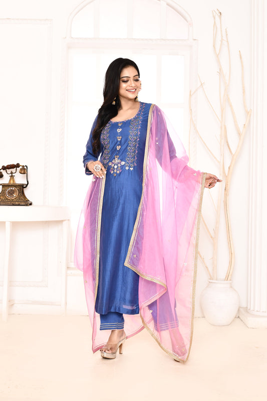 Utsav Blue Hand Embroidered Straight  Kurta And Gotta Finish Plazzo With Pink Gotta Lace Dupatta Set Of 3