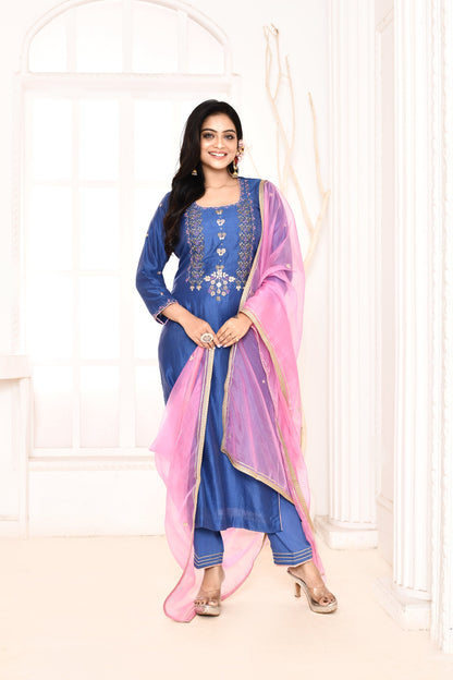 Utsav Blue Hand Embroidered Straight  Kurta And Gotta Finish Plazzo With Pink Gotta Lace Dupatta Set Of 3