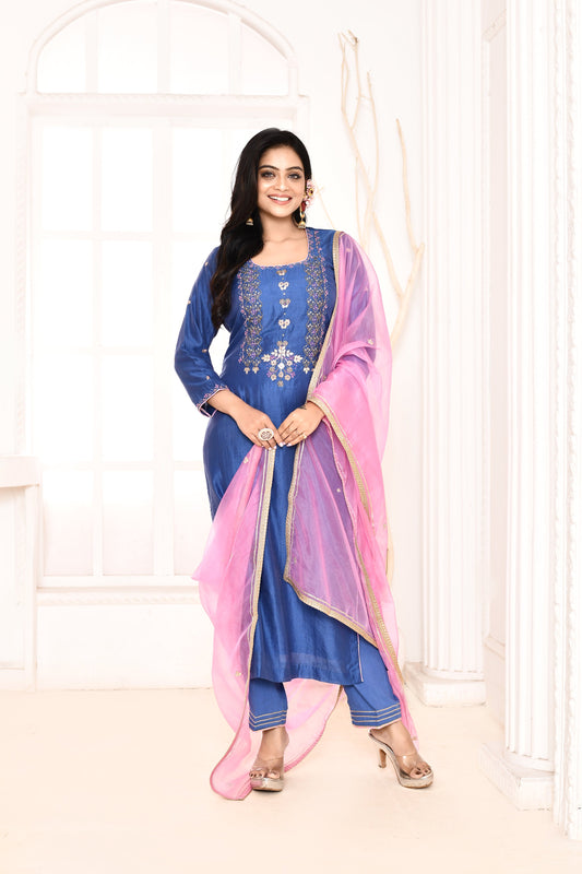 Utsav Blue Hand Embroidered Straight  Kurta And Gotta Finish Plazzo With Pink Gotta Lace Dupatta Set Of 3