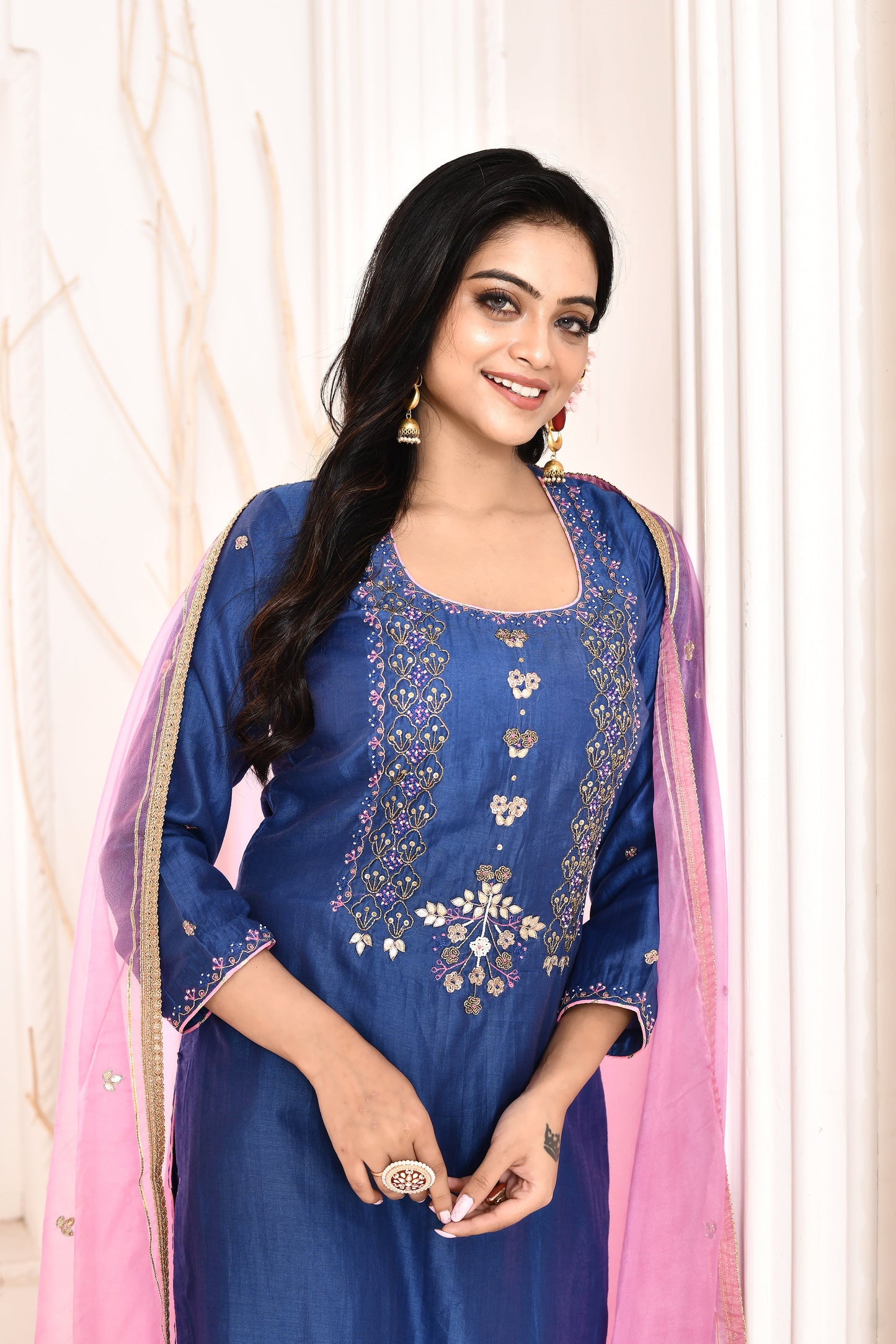 Utsav Blue Hand Embroidered Straight  Kurta And Gotta Finish Plazzo With Pink Gotta Lace Dupatta Set Of 3