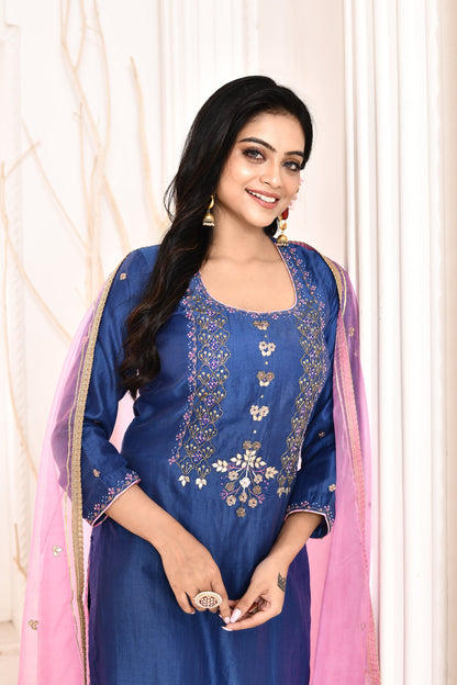 Utsav Blue Hand Embroidered Straight  Kurta And Gotta Finish Plazzo With Pink Gotta Lace Dupatta Set Of 3