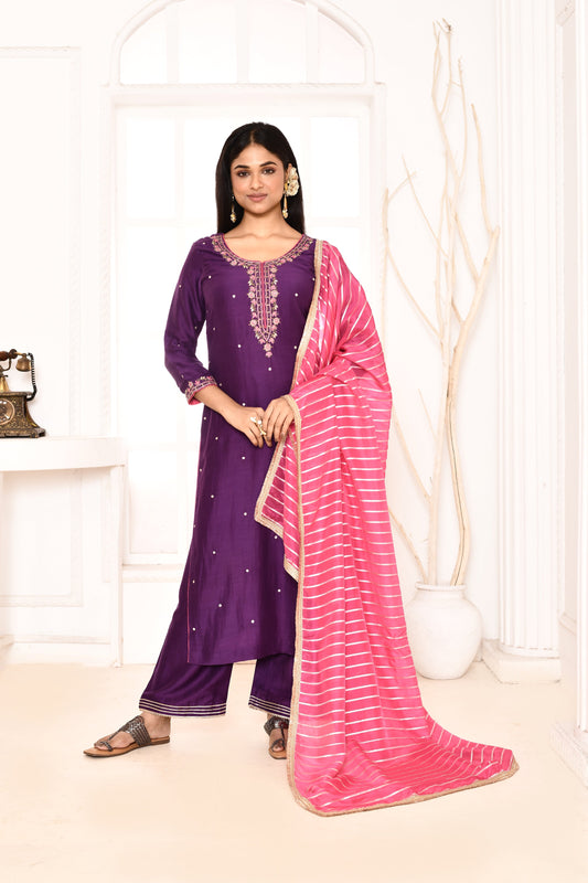 Utsav Purple Embroidered Straight Kurta And Gotta Finish Plazzo With Rani Golden Strip Gotta Lace Finish Dupatta Set Of 3