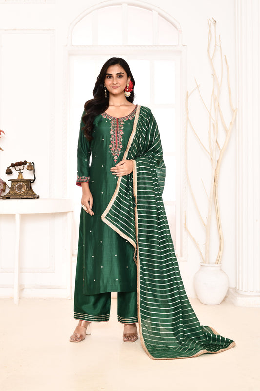 Utsav Emerald Green Embroidered Straight Kurta And Gotta Finish Plazzo With Golden Strip Emerald Green Gotta Lace Finish Dupatta Set Of 3