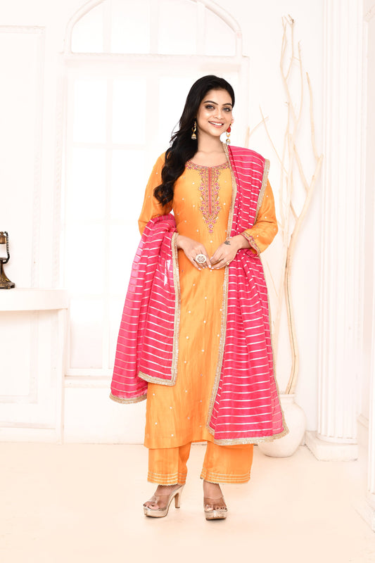 Utsav Orange Embroidered Straight Kurta And Gotta Finish Plazzo With Golden Strip Rani Gotta Finish Dupatta Set Of 3