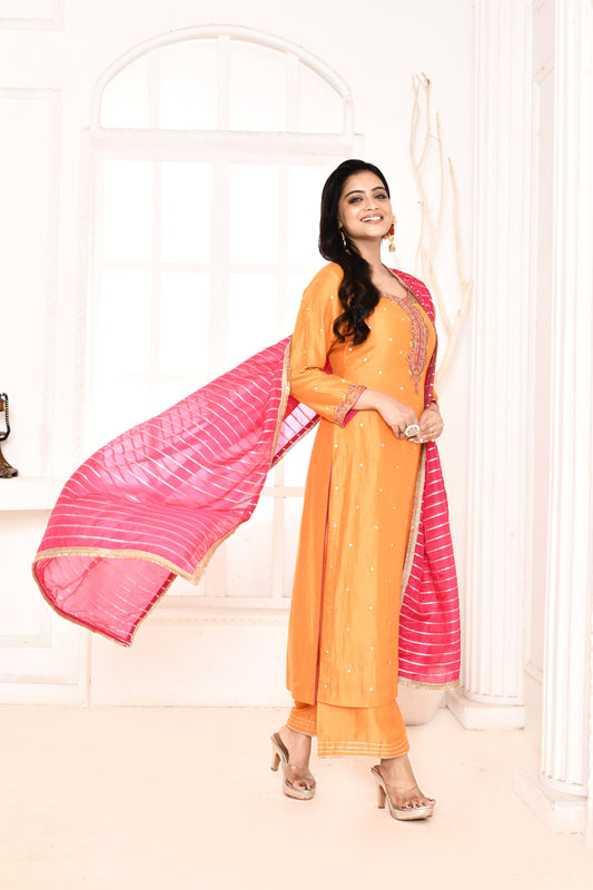 Utsav Orange Embroidered Straight Kurta And Gotta Finish Plazzo With Golden Strip Rani Gotta Finish Dupatta Set Of 3