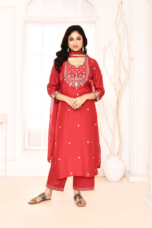 Utsav Red Hand Embroidered Gotapatti Work Straight Kurta And Gotta Finish Plazzo With Red Gotta Lace Finish Dupatta  Set Of 3