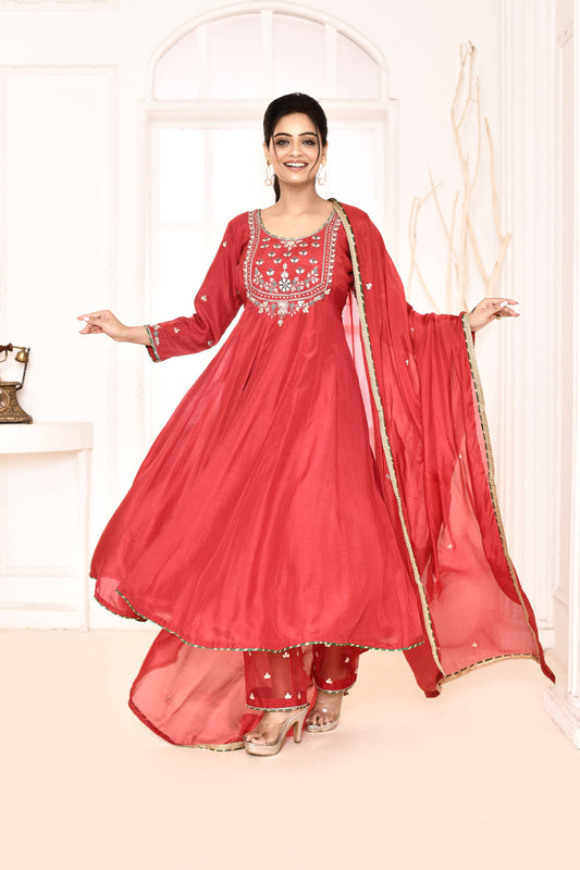 Utsav Red Hand Embroidered Gotapatti Work Anarkali And  Plazzo With Red Gotta Lace Finish Dupatta  Set Of 3