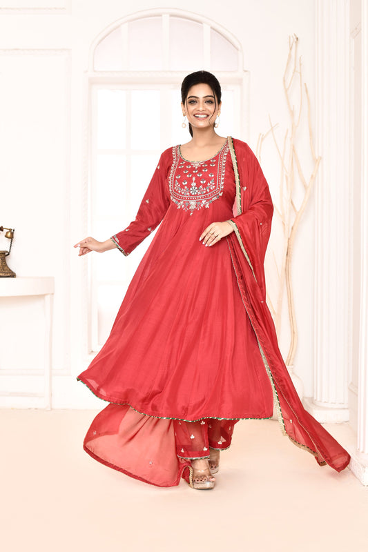 Utsav Red Hand Embroidered Gotapatti Work Anarkali And  Plazzo With Red Gotta Lace Finish Dupatta  Set Of 3