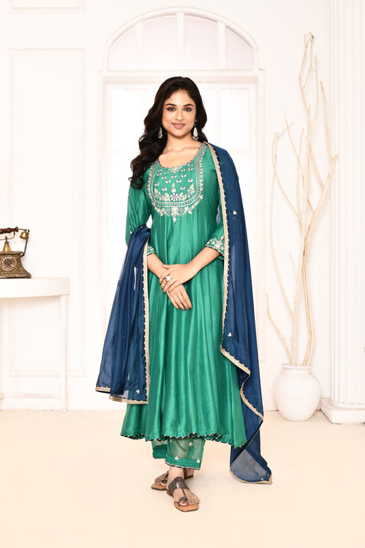 Utsav Green Hand Embroidered Gotapatti Work Anarkali And  Plazzo With Navy Blue Gotta Lace Finish Dupatta  Set Of 3