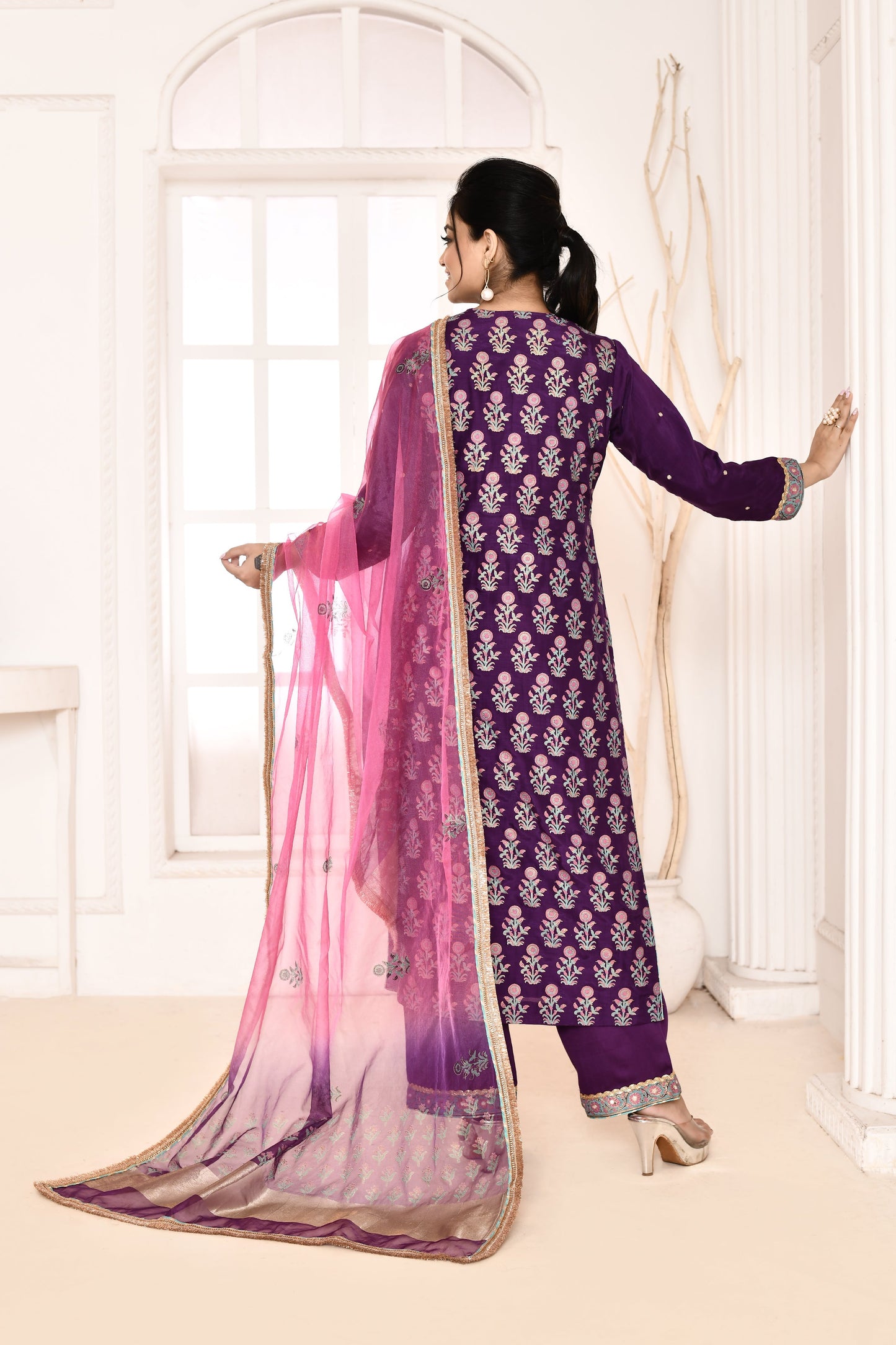 Utsav Purple Hand Block Printed Kurta And Plazzo With Pink/Purple Tie N Dye  Gotta Lace Finish Dupatta Set Of 3