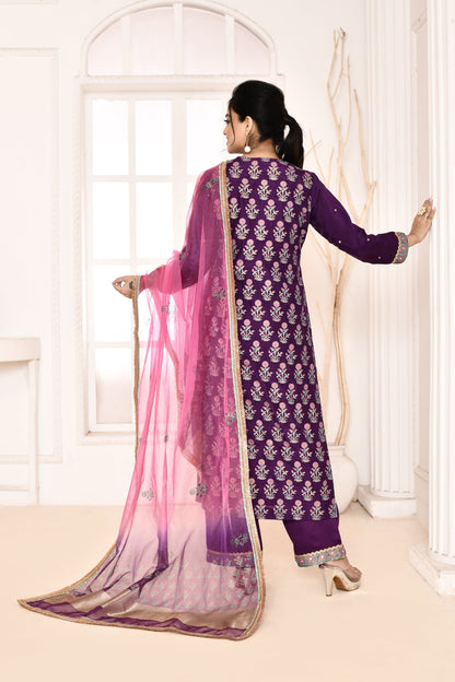 Utsav Purple Hand Block Printed Kurta And Plazzo With Pink/Purple Tie N Dye  Gotta Lace Finish Dupatta Set Of 3