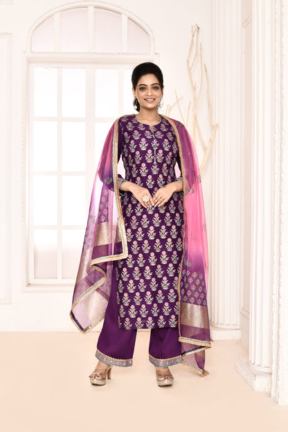 Utsav Purple Hand Block Printed Kurta And Plazzo With Pink/Purple Tie N Dye  Gotta Lace Finish Dupatta Set Of 3