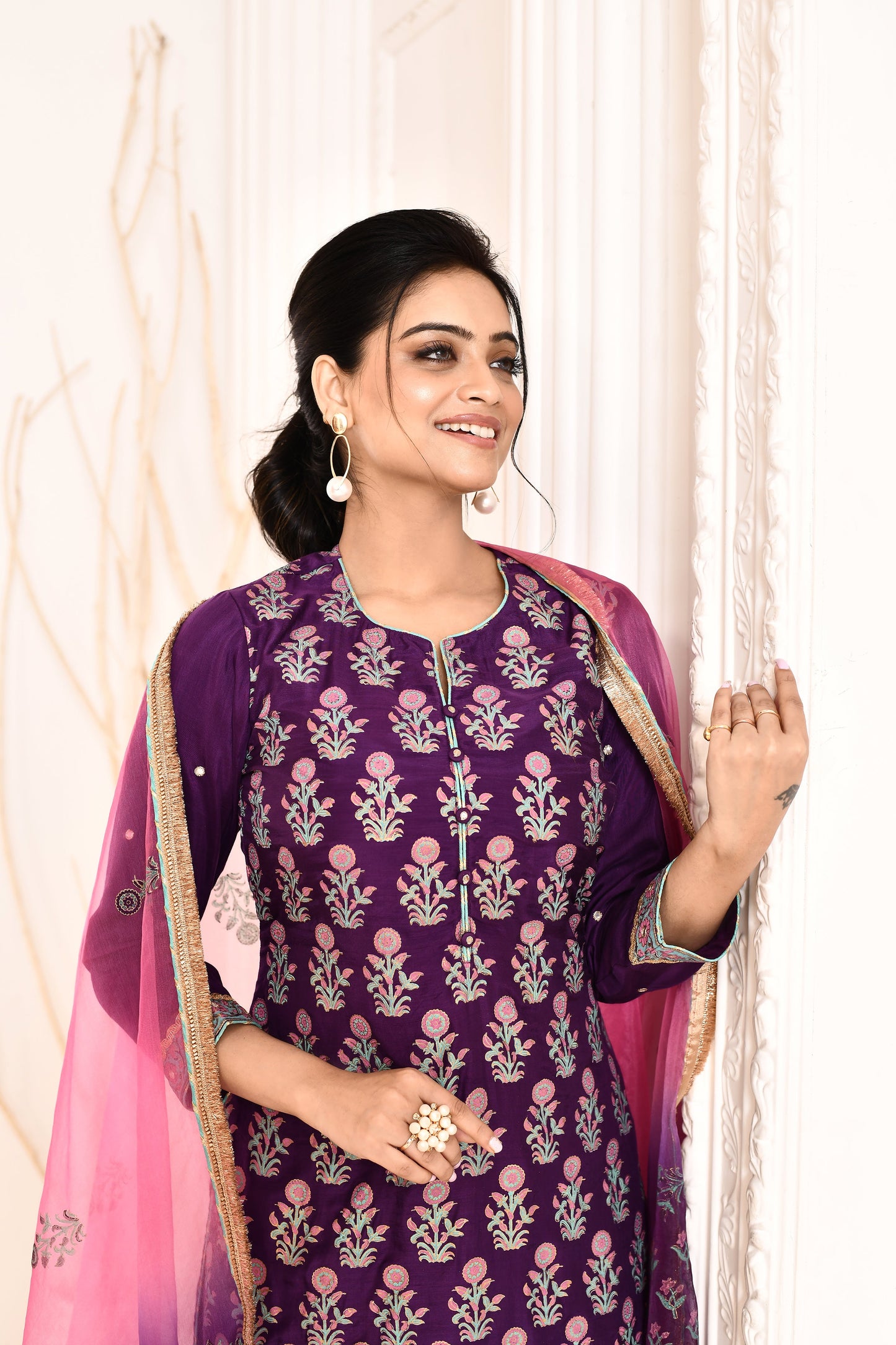Utsav Purple Hand Block Printed Kurta And Plazzo With Pink/Purple Tie N Dye  Gotta Lace Finish Dupatta Set Of 3