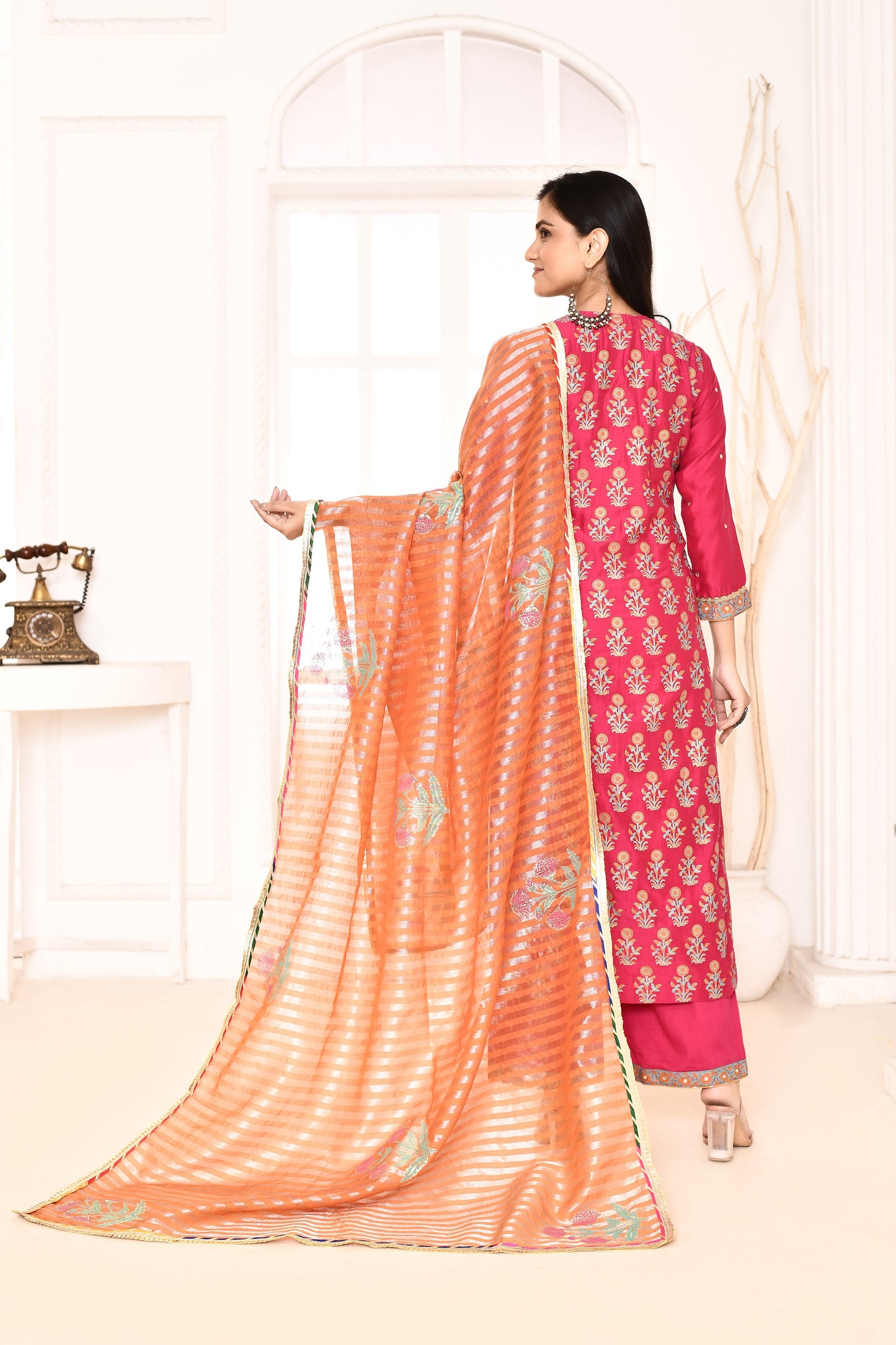 Utsav Rani Hand Block Printed Kurta And Plazzo With Orange Banarashi Strip Gotta Lace Finish Dupatta Set Of 3