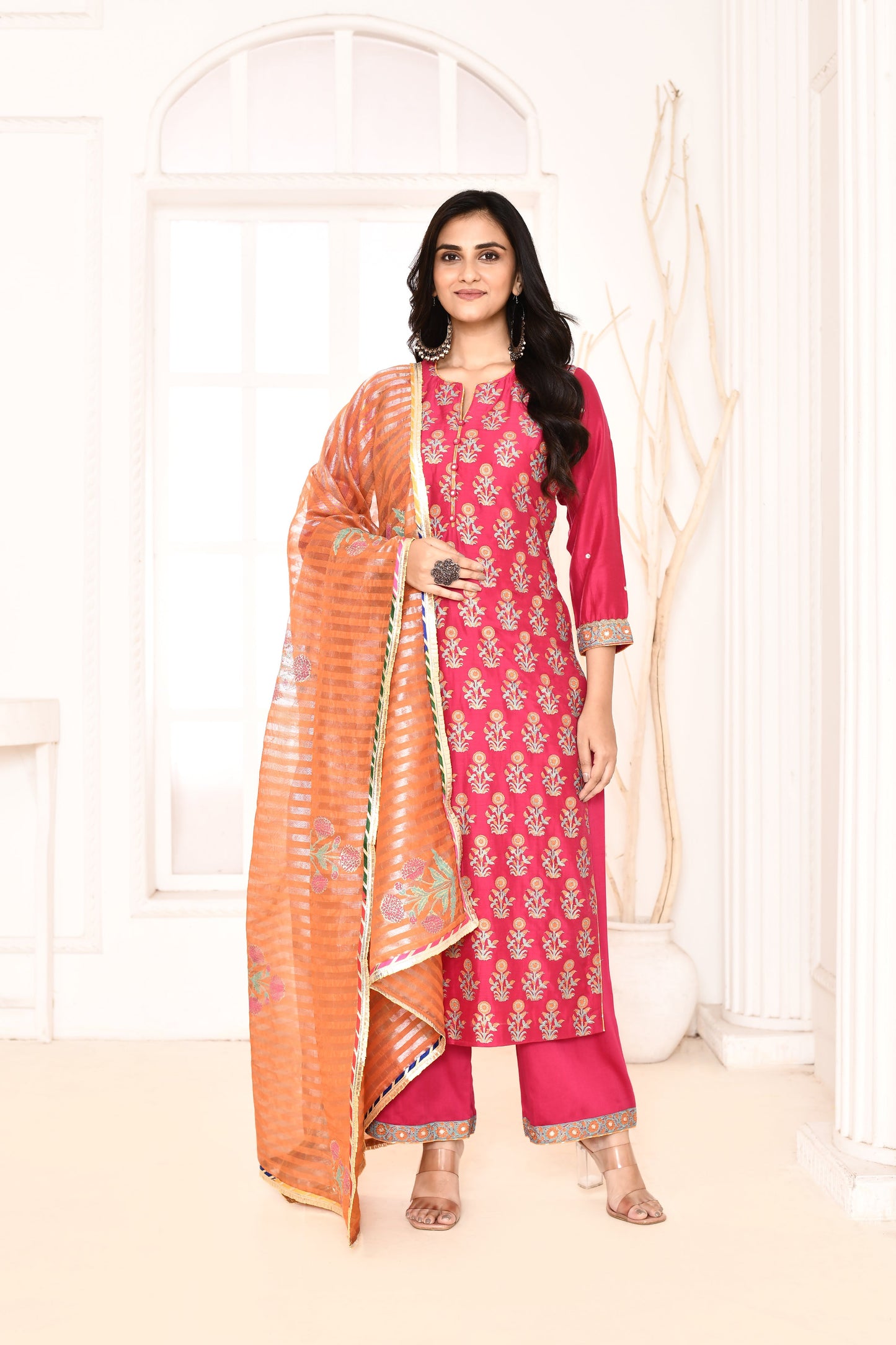 Utsav Rani Hand Block Printed Kurta And Plazzo With Orange Banarashi Strip Gotta Lace Finish Dupatta Set Of 3
