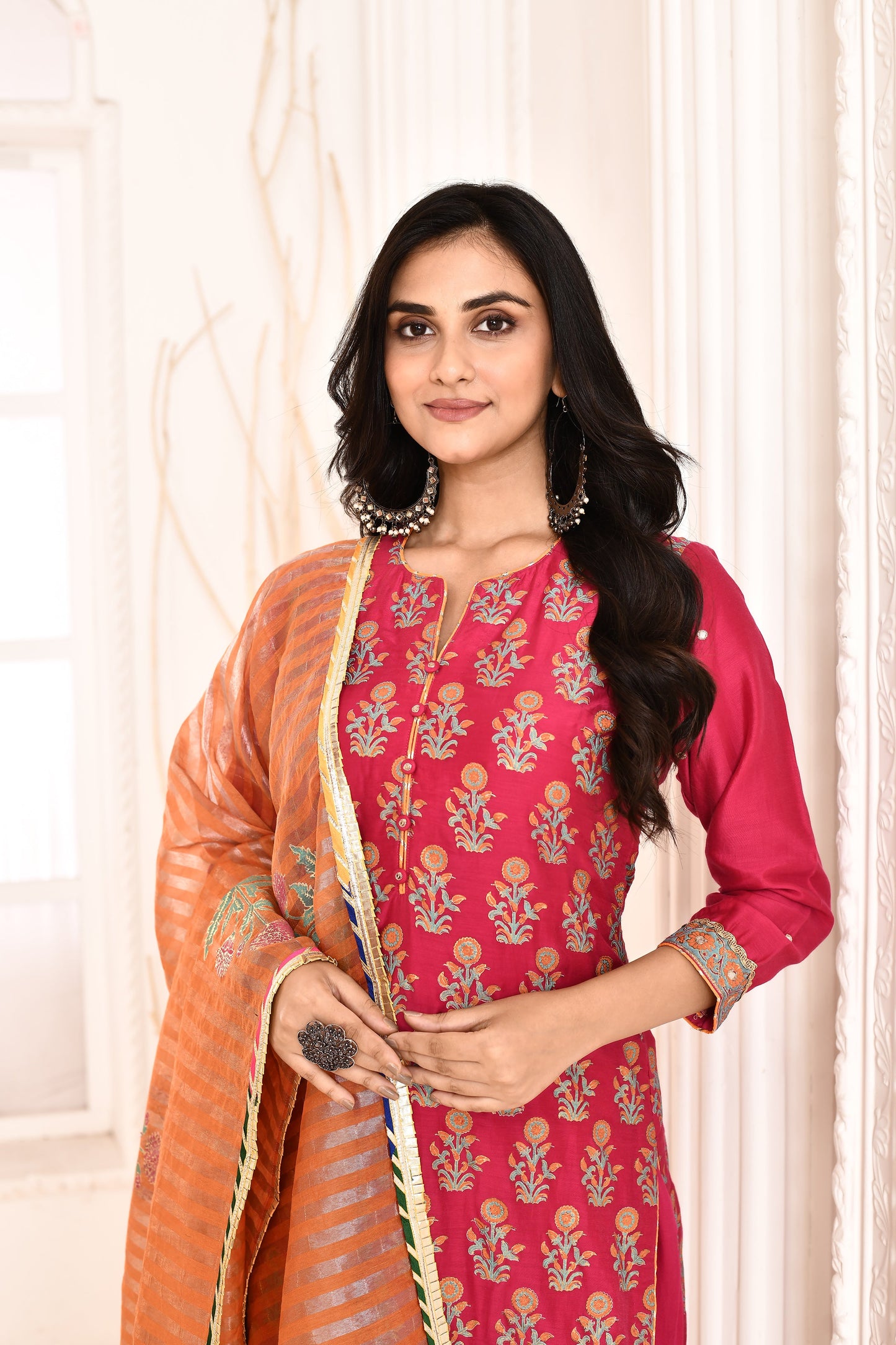 Utsav Rani Hand Block Printed Kurta And Plazzo With Orange Banarashi Strip Gotta Lace Finish Dupatta Set Of 3