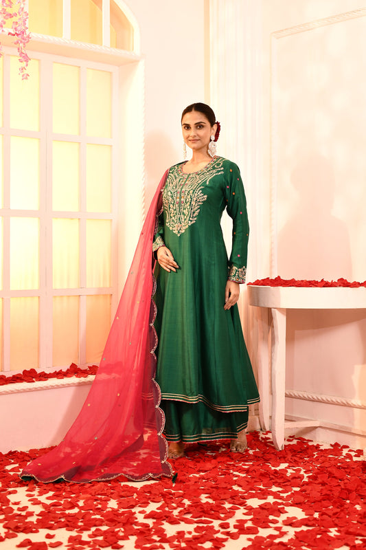 Utsav Emerald Green Ari Embroidery Neck Anarkali And Gottalace Finish Flair Plazzo With Red Scalping Dupatta Set Of 3