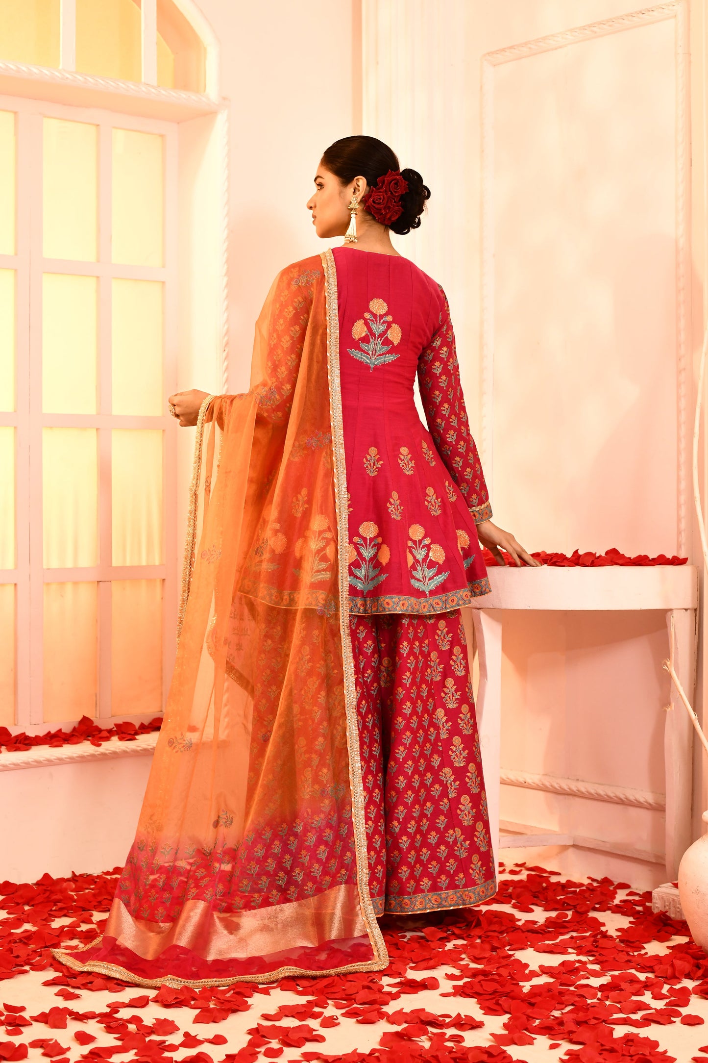 Utsav Rani Block Print  With Embroidery Outing Kurta And Sarara With Orange/Red Tie N Dye Gottalace Finish Dupatta Set Of 3