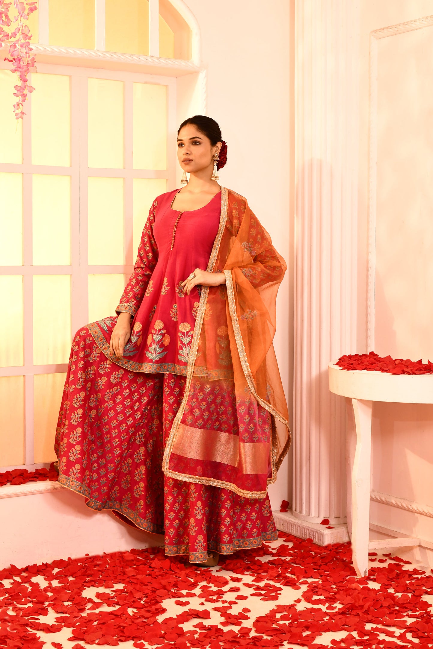 Utsav Rani Block Print  With Embroidery Outing Kurta And Sarara With Orange/Red Tie N Dye Gottalace Finish Dupatta Set Of 3