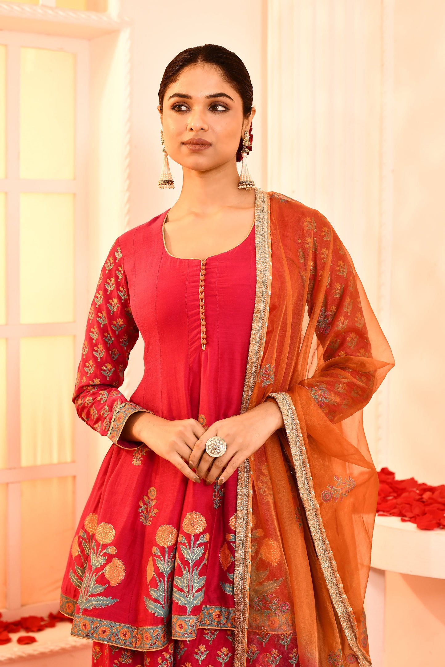 Utsav Rani Block Print  With Embroidery Outing Kurta And Sarara With Orange/Red Tie N Dye Gottalace Finish Dupatta Set Of 3