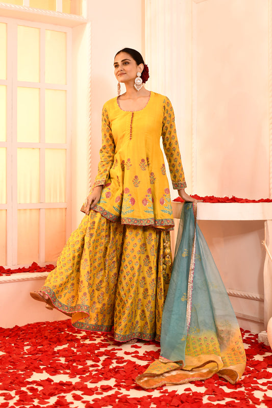 Utsav Golden Yellow Block Print  With Embroidery Outing Kurta And Sarara With Sea Green/Yellow Tie N Dye Gottalace Finish Dupatta Set Of 3