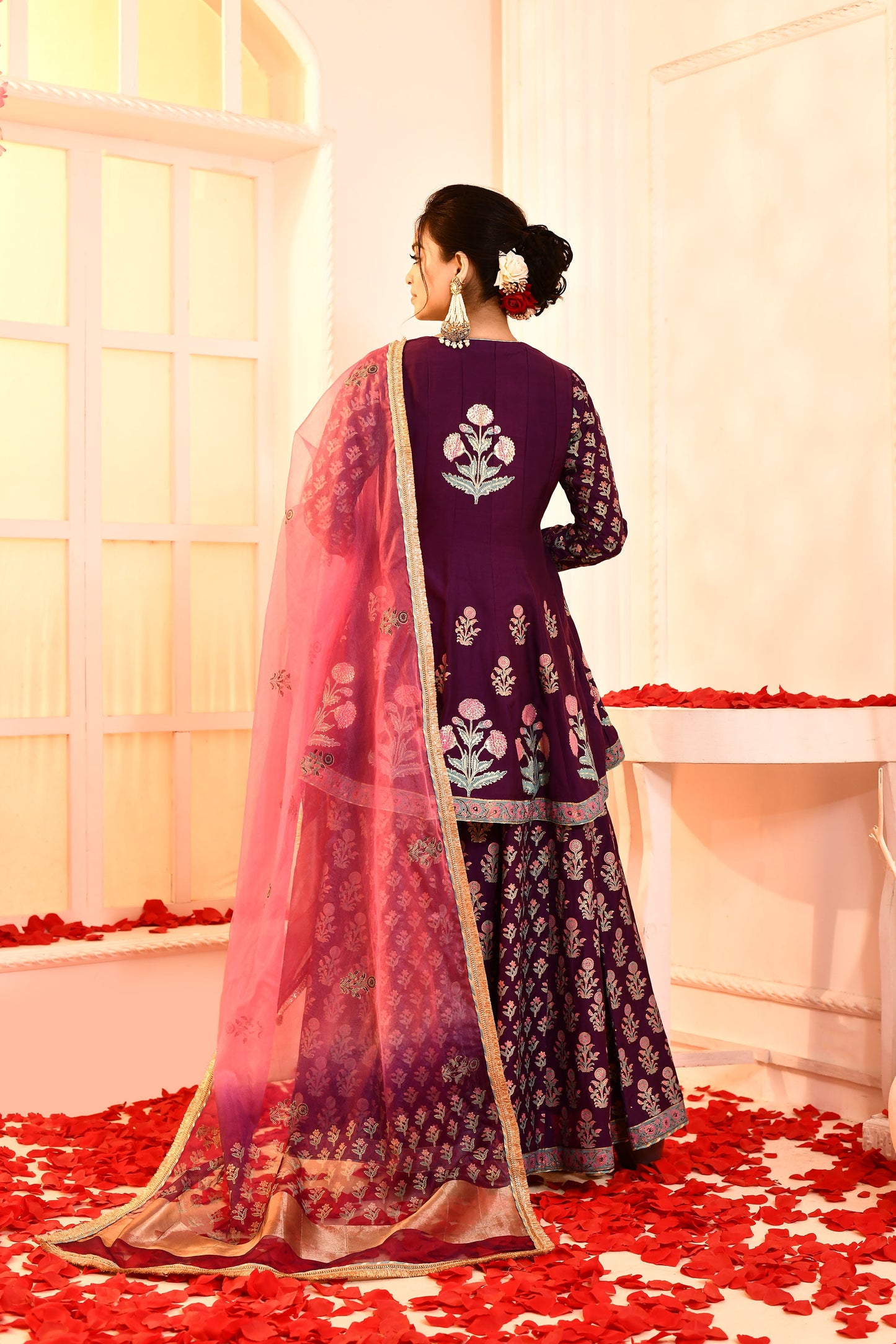 Utsav Purple Block Print  With Embroidery Outing Kurta And Sarara With Pink/Purple Tie N Dye Gottalace Finish Dupatta Set Of 3