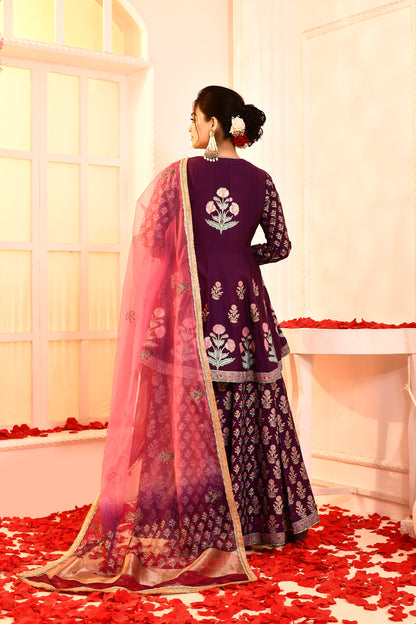 Utsav Purple Block Print  With Embroidery Outing Kurta And Sarara With Pink/Purple Tie N Dye Gottalace Finish Dupatta Set Of 3