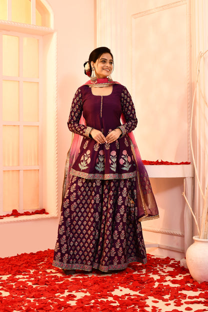 Utsav Purple Block Print  With Embroidery Outing Kurta And Sarara With Pink/Purple Tie N Dye Gottalace Finish Dupatta Set Of 3