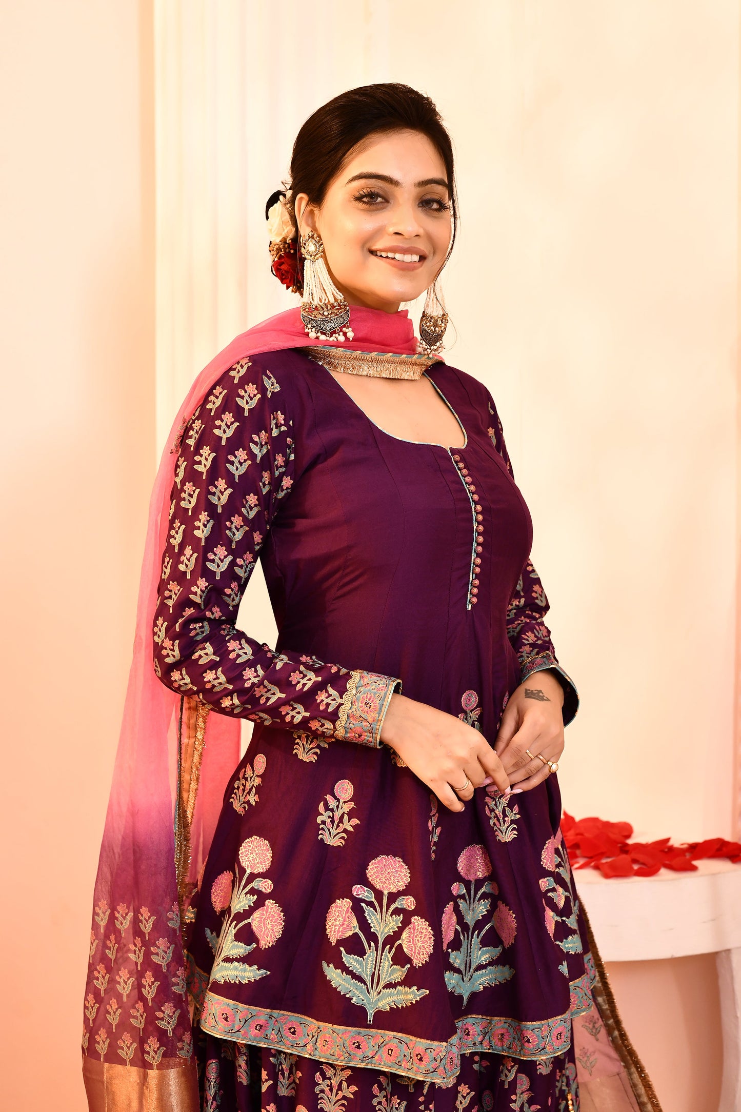 Utsav Purple Block Print  With Embroidery Outing Kurta And Sarara With Pink/Purple Tie N Dye Gottalace Finish Dupatta Set Of 3