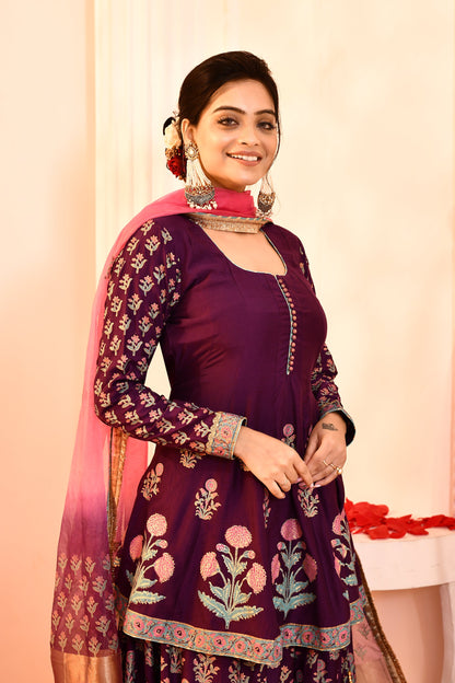 Utsav Purple Block Print  With Embroidery Outing Kurta And Sarara With Pink/Purple Tie N Dye Gottalace Finish Dupatta Set Of 3