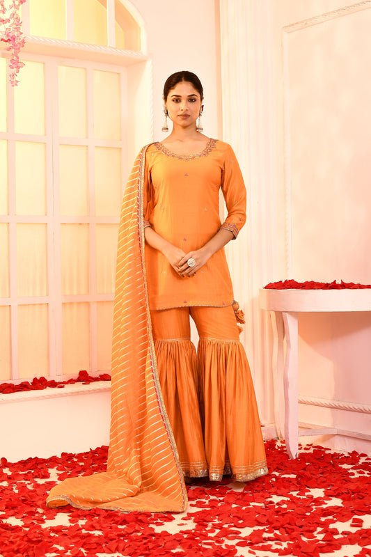 Utsav Orange Hand Embroidered Kurta And Gotta Finish Garara With Orange Golden Strip  Gottalace Finish Dupatta Set Of 3