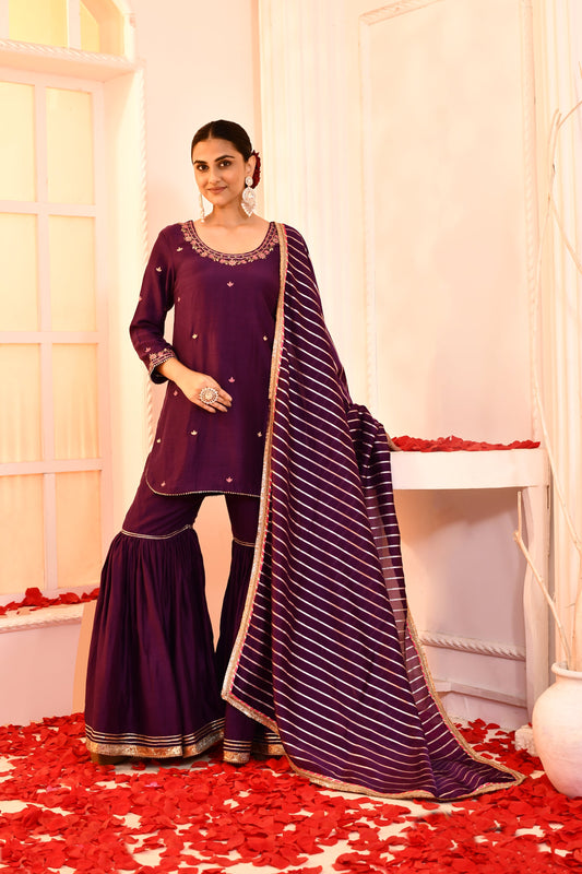 Utsav Purple Hand Embroidered Kurta And Gotta Finish Garara With Purple Golden Strip  Gottalace Finish Dupatta Set Of 3