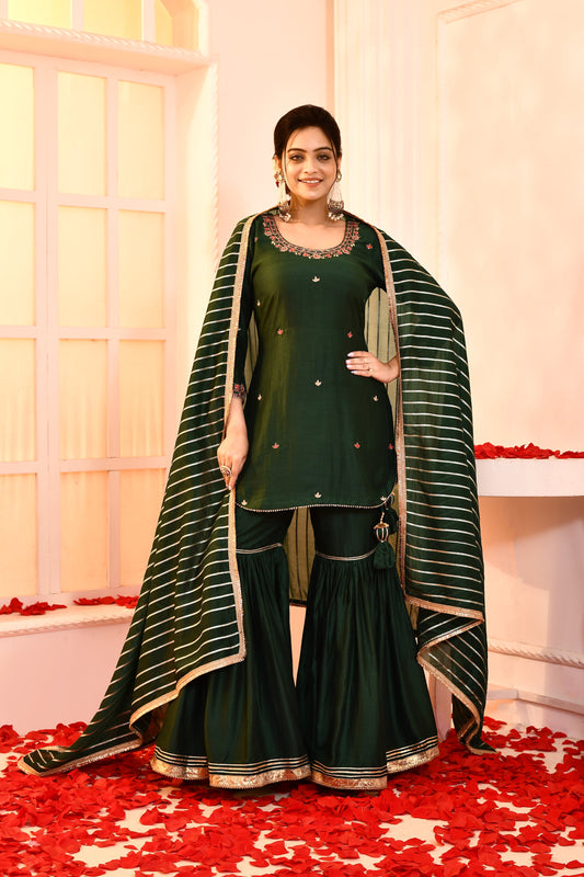 Utsav Emeralde Green Hand Embroidered Kurta And Gotta Finish Garara With  Emerald Green Golden Strip  Gottalace Finish Dupatta Set Of 3