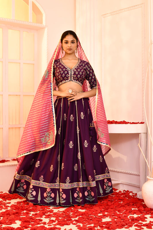 Utsav Purple Hand Embroidered Blouse And Foil Printed Lehenga With Pink Banarashi Strip Gotta Lace Finish Dupatta Set Of 3