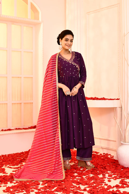 Utsav Purple Hand Embroidered Angrakha Kurta And Gotta Finish Plazzo With Rani Golden Strip Gotta Lace Finish Dupatta Set Of 3