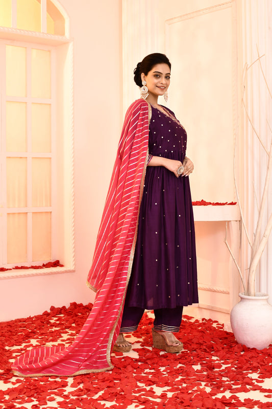 Utsav Purple Hand Embroidered Angrakha Kurta And Gotta Finish Plazzo With Rani Golden Strip Gotta Lace Finish Dupatta Set Of 3