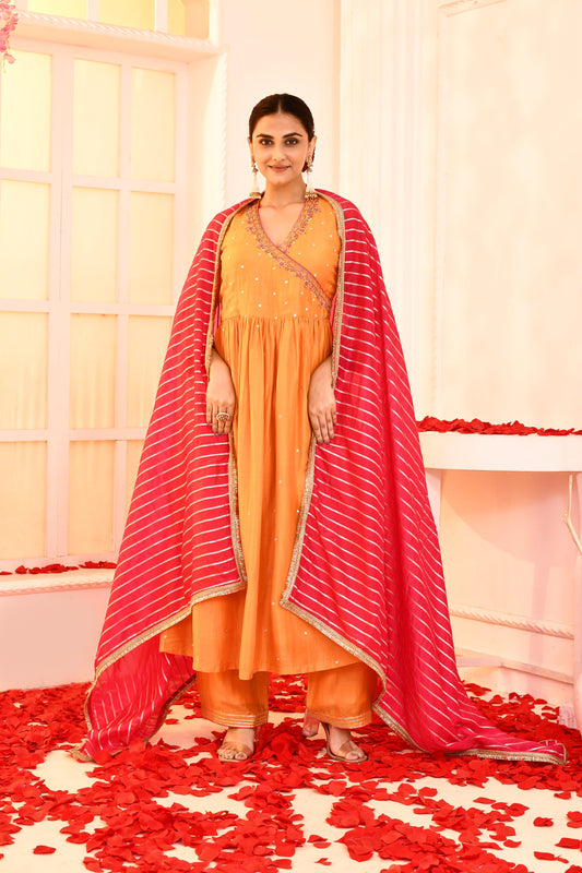 Utsav Orange Hand Embroidered Angrakha Kurta And Gotta Finish Plazzo With Rani Golden Strip Gotta Lace Finish Dupatta Set Of 3