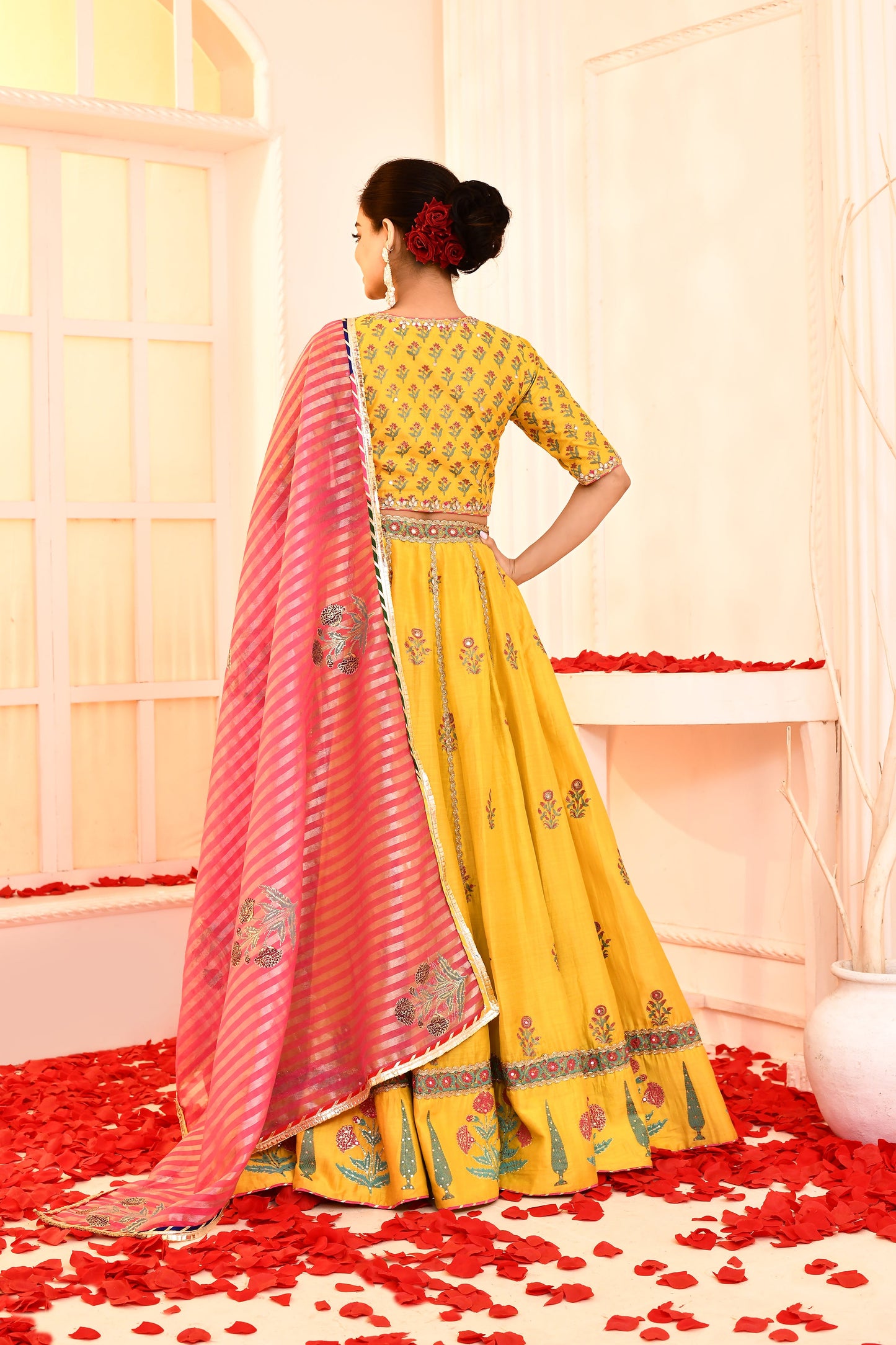 Utsav Golden Yellow Hand Embroidered Blouse And Foil Printed Lehenga With Magent Banarashi Strip Gotta Lace Finish Dupatta Set Of 3