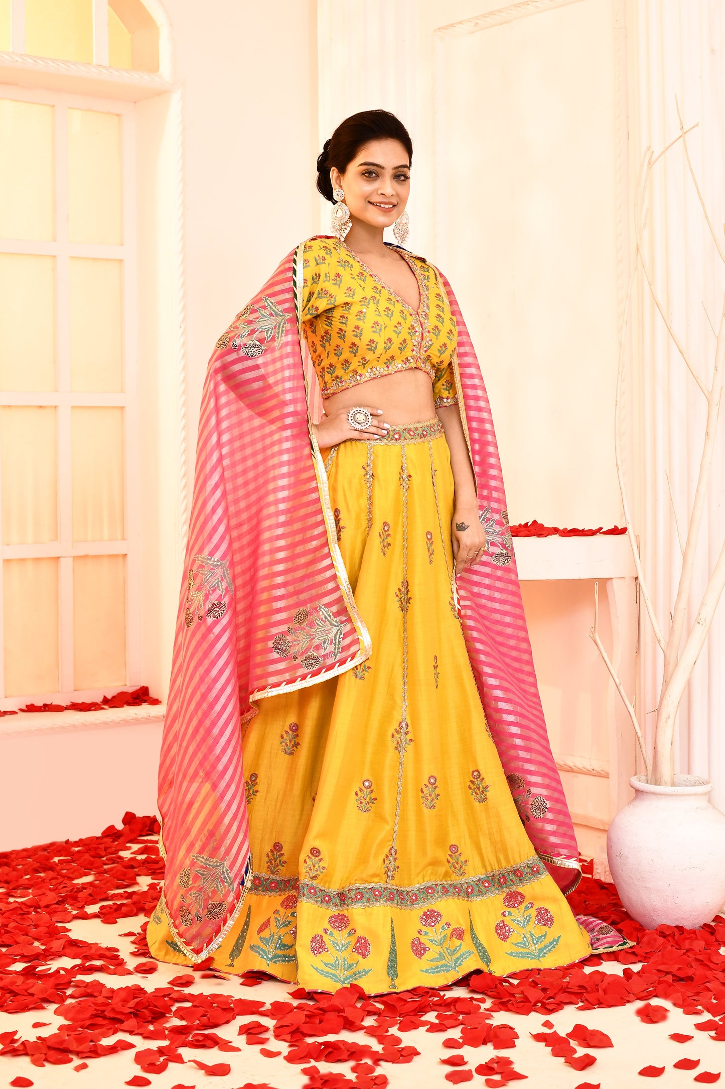 Utsav Golden Yellow Hand Embroidered Blouse And Foil Printed Lehenga With Magent Banarashi Strip Gotta Lace Finish Dupatta Set Of 3