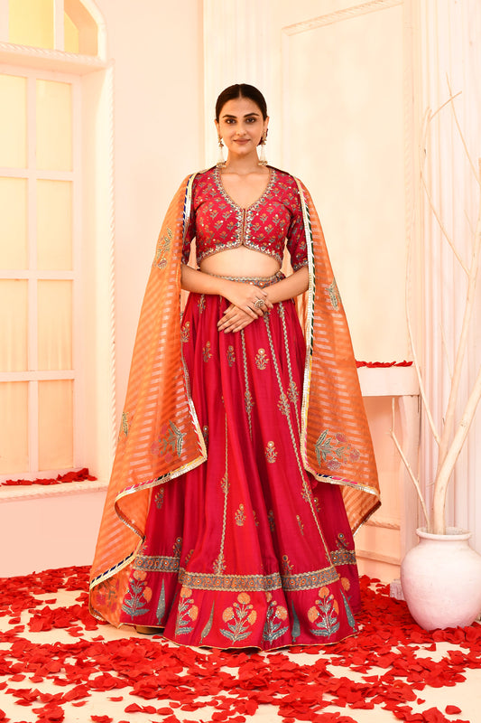 Utsav Rani Hand Embroidered Blouse And Foil Printed Lehenga With Orange Banarashi Strip Gotta Lace Finish Dupatta Set Of 3