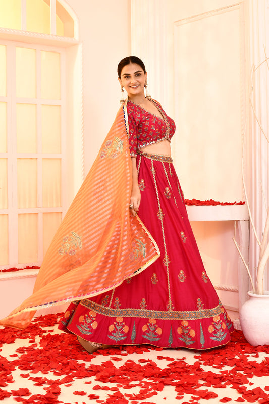 Utsav Rani Hand Embroidered Blouse And Foil Printed Lehenga With Orange Banarashi Strip Gotta Lace Finish Dupatta Set Of 3