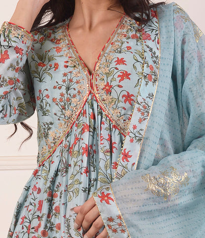 Rimjhim Powder Blue Digital Print With Aari Embroidery Work Yoke Gathered Kurta With Plazzo And Dupatta
