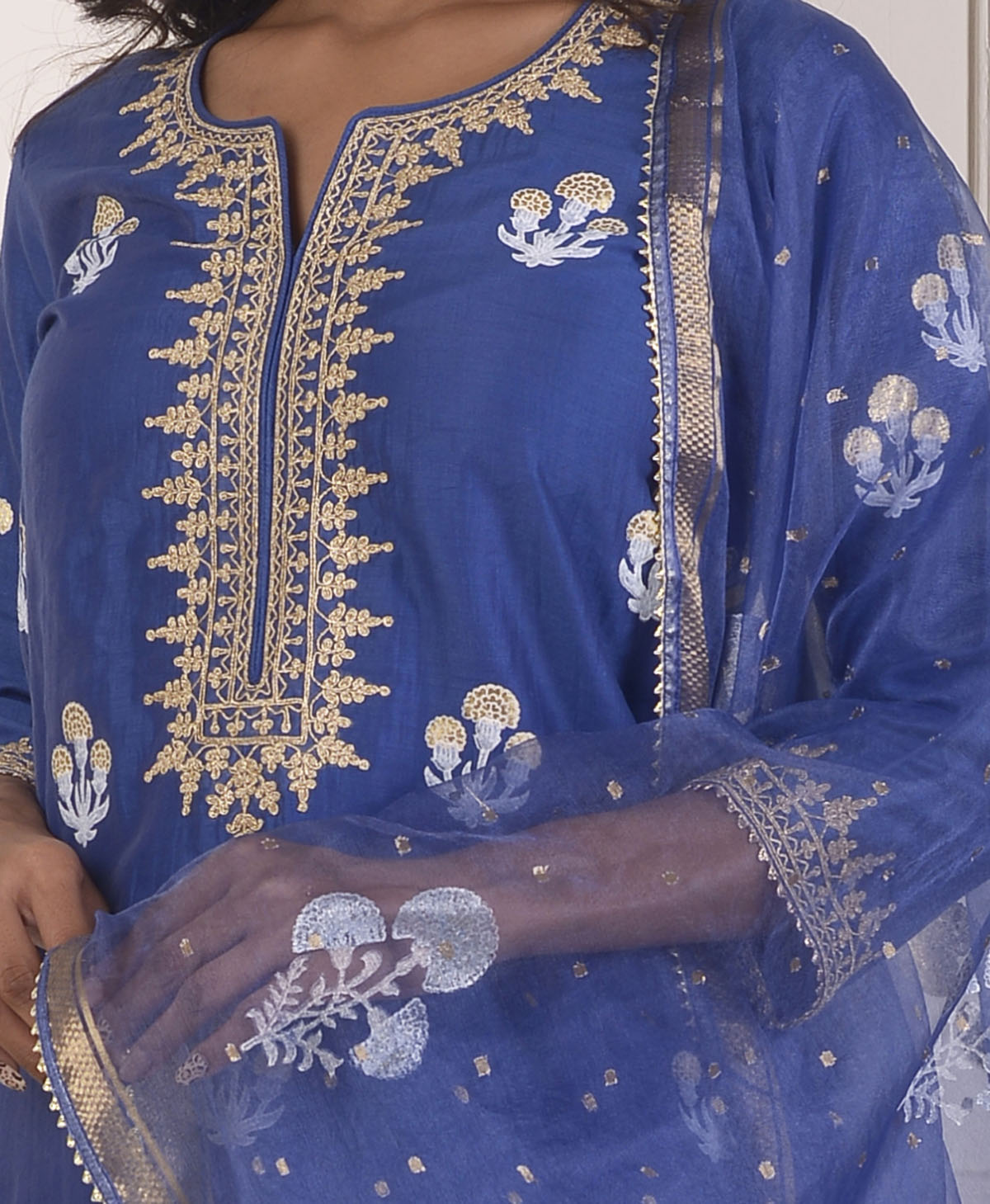 Rimjhim Navi Blue Dori Embroidery Neck With Foil Block Print Short Kurta With Garara And Dupatta